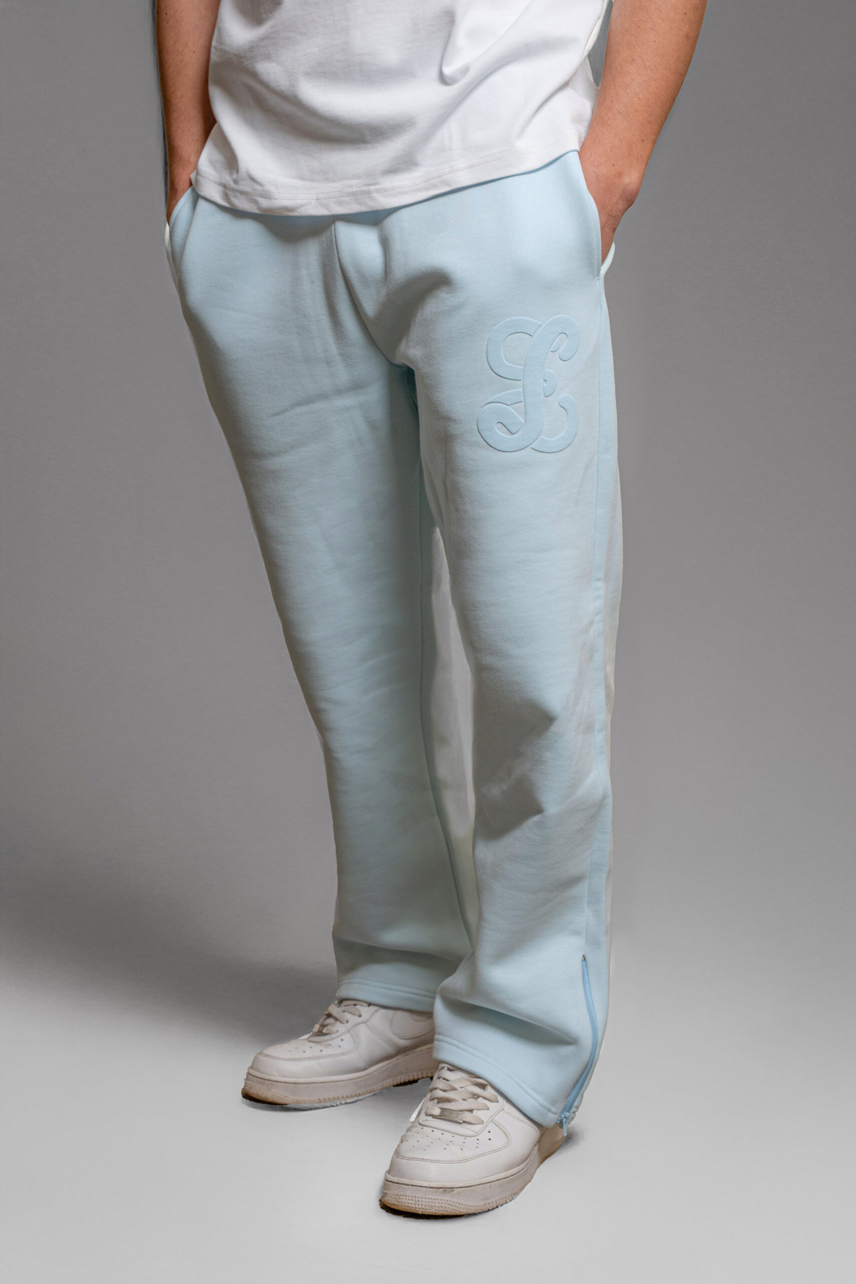 baby blue pant worn by model