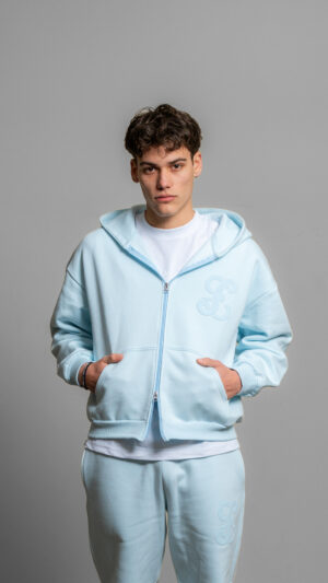 baby blue zip up worn by model