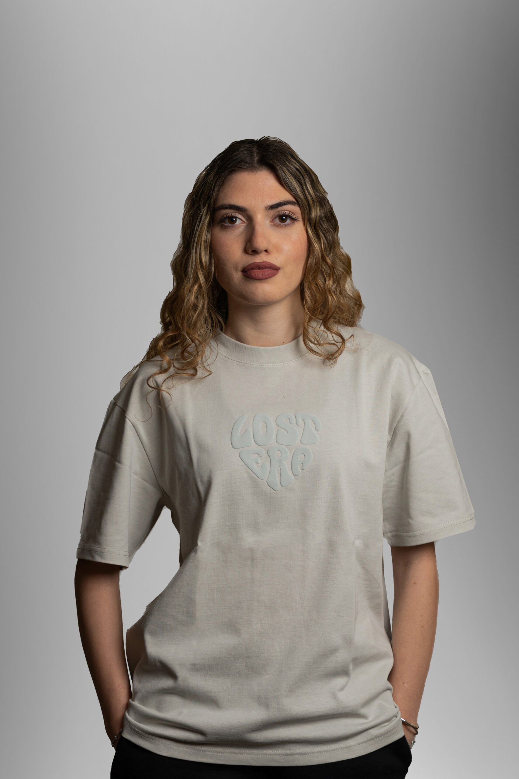 ice white t-shir worn by model