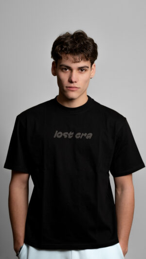 lost era black t-shirt worn by model