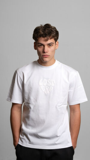 lost era whit t-shirt worn by model